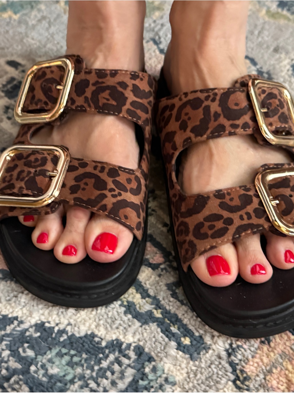 A New Day Leopard Print Double Buckle Slide Sandals Womens Size 9 Gold Hardware